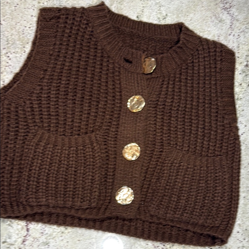 Brown Knit Vest with Gold Buttons